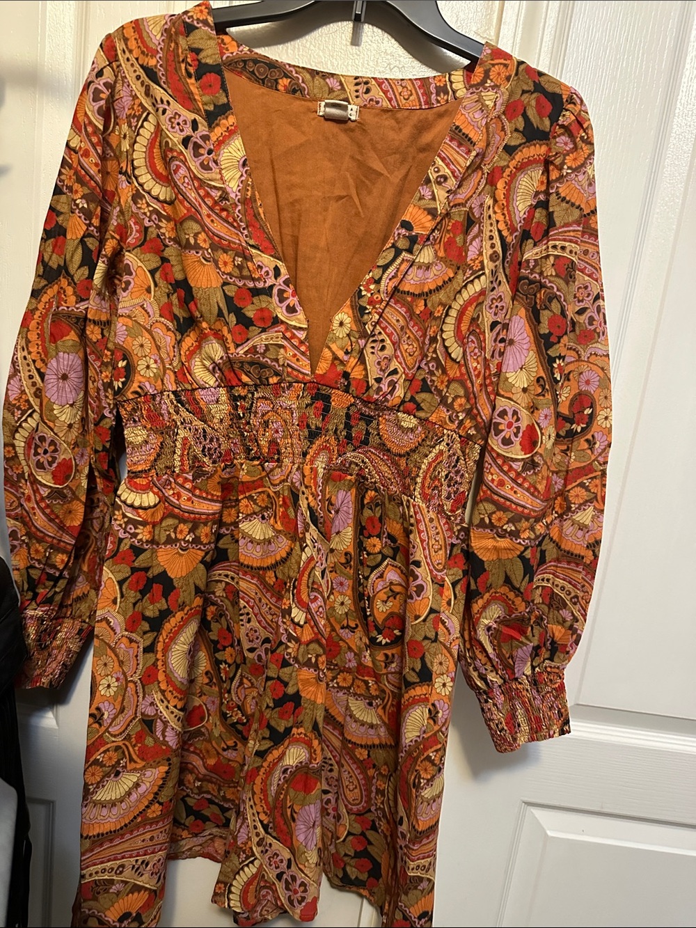Billabong Rust Multi Paisley Long-Sleeve Smocked Waist Dress